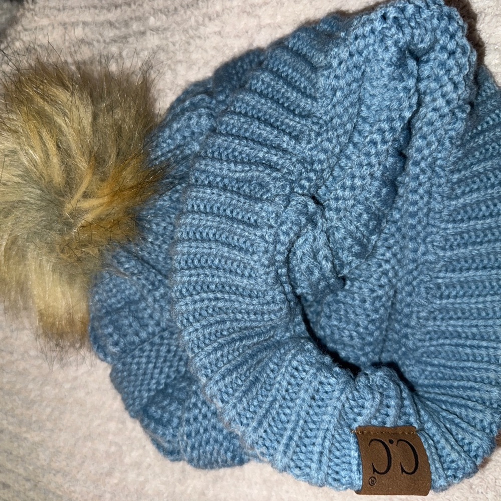 C.C K Blue Knit Beanie with Pom - Picture 7 of 7